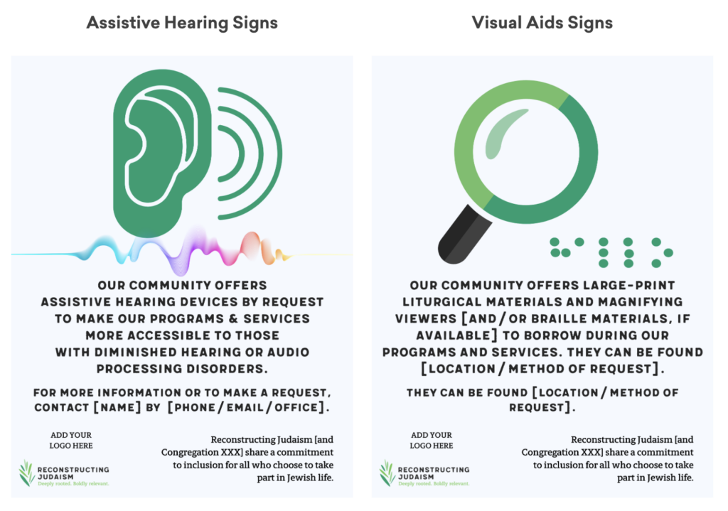 Signs for accessibility: ramps, assistive hearing, and visual aids with contact information for Congregation XYZ.